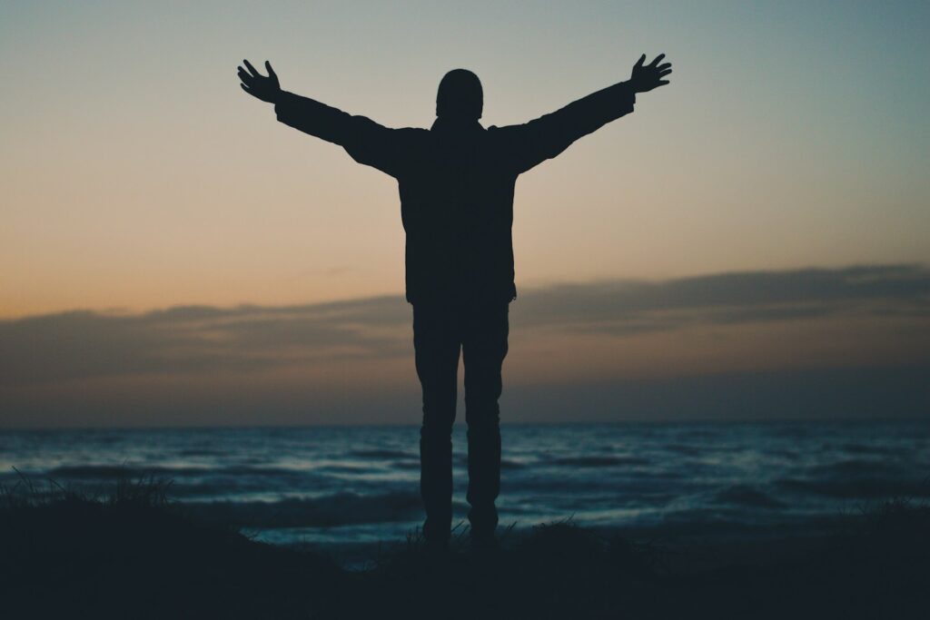 silhouette of person facing beach